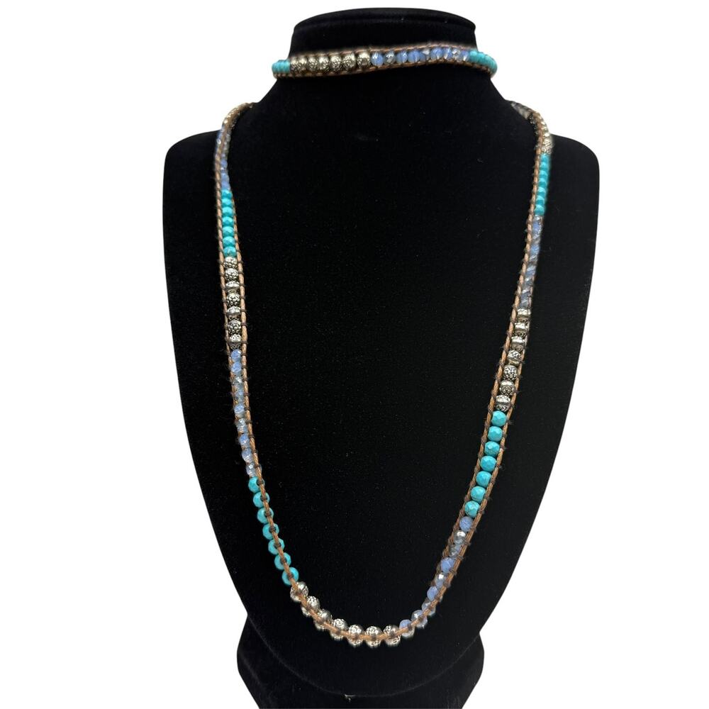 Bohemian Turquoise Blue Stones Crystal Bead Leather Wrap Necklace Long 34 in